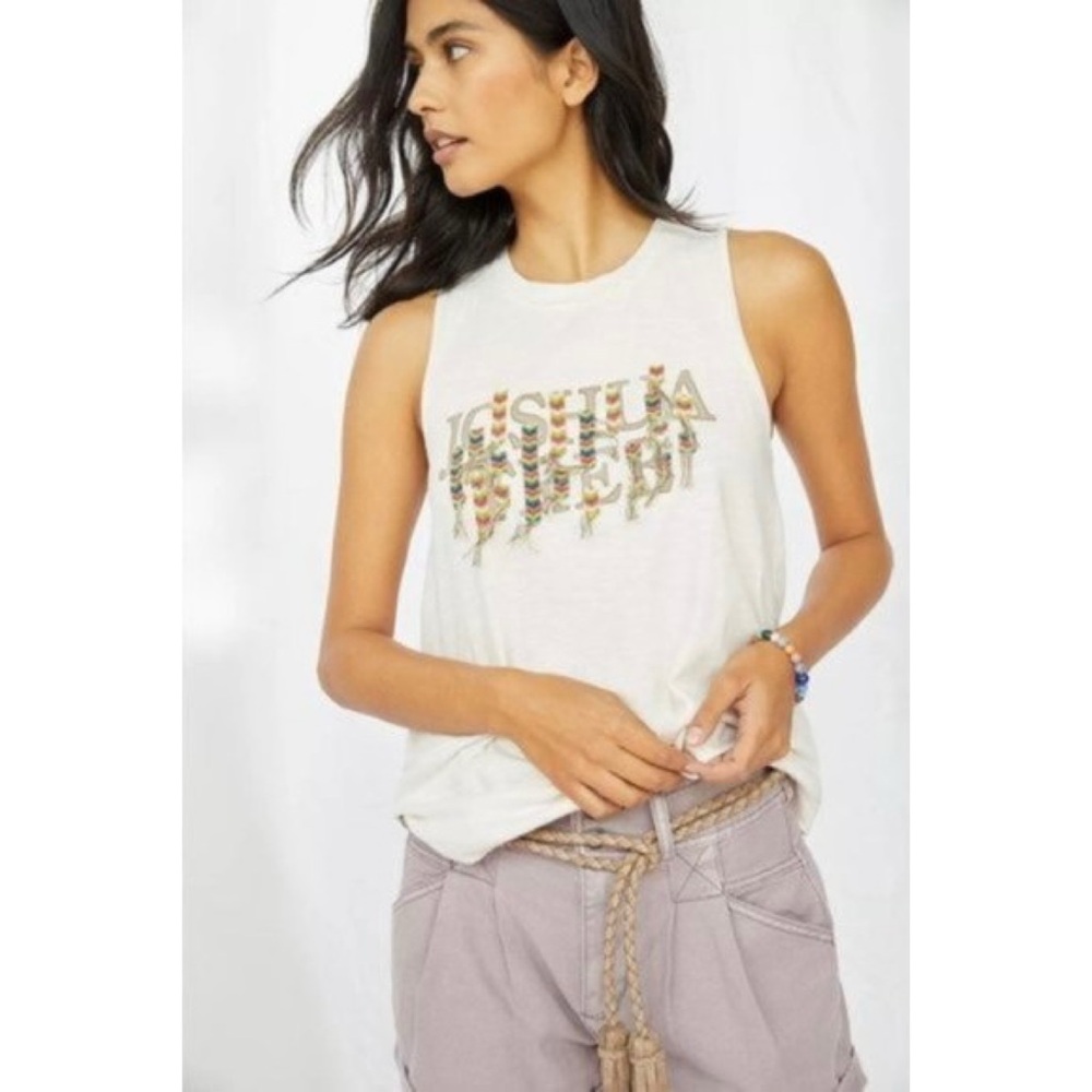 Anthropologie/Pilcro Tank Top Small Twist Back Embroidered Joshua Tree Beige